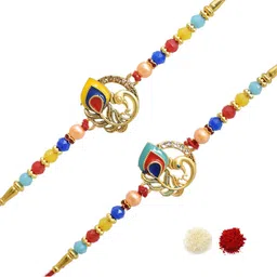 MEIRA JEWELLERY Set Of 2 Stone-Studded & Beaded Rakhi With Greeting Card Gift Set-image-87