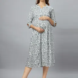 Mammas Maternity Women V-Neck Cotton Empire Midi Dress-image-35