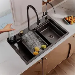 30" x 18" x 9" Waterfall Kitchen Sink With Integrated Waterfall And Pull-down Faucet Set Top Mount-17