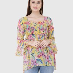 Casual Bell Sleeves Printed Women Yellow Top-image-1