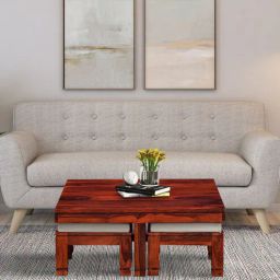 woodsworth from pepperfry Segur Sheesham Wood Nesting Coffee Table Set in Honey Oak Finish With Cushioned Stools-picture-28