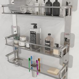 Magic Sticker 3 Layer Bathroom Shelf with Double Soap Dish & Toothbrush Holder Stainless Steel Wall Shelf-image-2