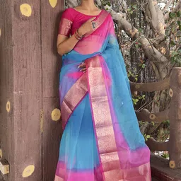 KALINI Tie and Dye Zari Organza Leheriya Saree-image-50