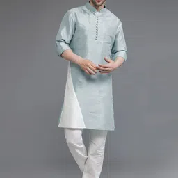 Utsav Fashion Men Colourblocked High Slit Dupion Silk Kurta with Trousers-image-79