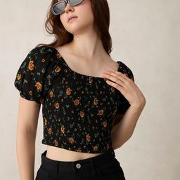 Outzidr Floral Printed Square Neck Crop Top-image-60