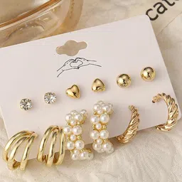 Palli Creation Set Of 6 Gold-Plated Pearls Beaded Heart Shaped Studs-5