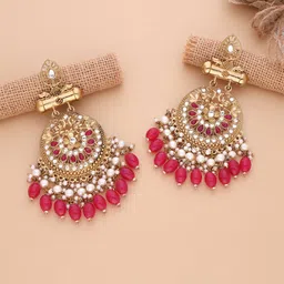 Brado Jewellery Gold-Plated Kundan Studded & Pearls Beaded Contemporary Drop Earrings-43
