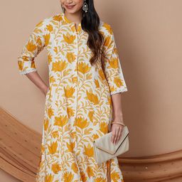 Melange by Lifestyle Floral Printed Mandarin Collar A-Line Pure Cotton Kurta-image-98