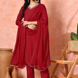 Sangria Women Embroidered V-Neck Straight Kurta Set With Dupatta-28