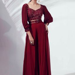 SANCIA Women Ethnic Motifs Embroidered Regular Sequinned Top with Palazzos-32