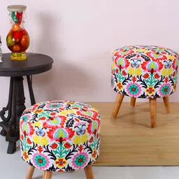 Shadowkart 2 Pieces Red & Green Printed Wooden Pouffes Ottomans-image-85