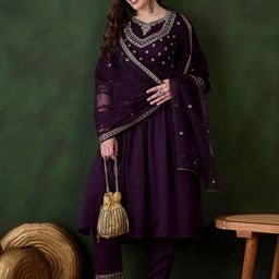 Sangria Embroidered Georgette Sweetheart Neck Anarkali Kurta With Trousers & Dupatta-23