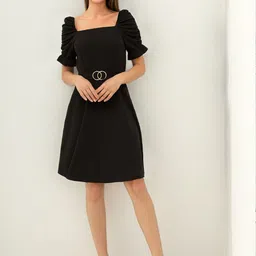 Stylecast X Slyck Women Puff Sleeve Fit & Flare Dress-image-68