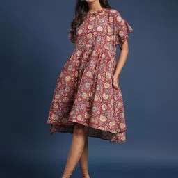 Taavi Bagru Printed Pure Cotton Fit & Flare Dress-image-62