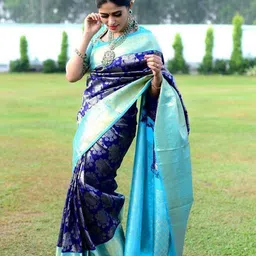 ZILVIRA Ethnic Motifs Woven Design Zari Banarasi Saree With Unstiched Blouse Piece-picture-4