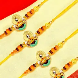 ADIVA Set Of 4 CZ Studded & Beaded Lord Khatu Shyam Thread Rakhis With Roli Chawal & Card-image-4