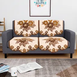 Aura Cream-Coloured & Brown 4 Pieces Printed Cotton 2-Seater Sofa Covers-5
