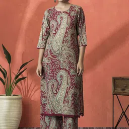 Sangria Paisley Printed Notch Neck Pure Cotton Straight Kurta With Palazzo-10