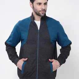 Kalt Men Colourblocked Mock Collar Front-Open Sweatshirt-image-31