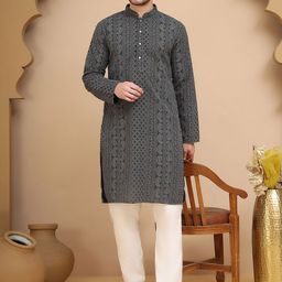 Jompers Men Paisley Embroidered Regular Chikankari Kurta with Pyjamas-picture-57