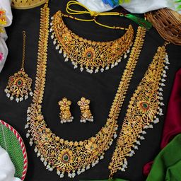 NAGNESHI ART Gold-Plated Artificial Stone-Studded & Beaded Temple Jewellery Set-image-47