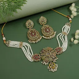 I Jewels Gold-Plated Kundan-Studded & Pearls Beaded Jewellery Set-image-13