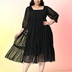 PrettyPlus by Desinoor.com Plus Size Puff Sleeve Georgette Tiered Empire Midi Dress-image-93