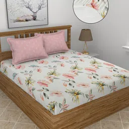 BREVARD White & Pink Floral 210 TC King Bedsheet Set 1.82 m x 1.98 m-image-98