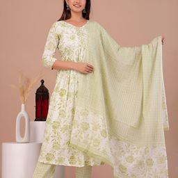 Art Avenue Floral Printed Empire V-Neck Anarkali Kurta With Trousers & Dupatta-picture-0