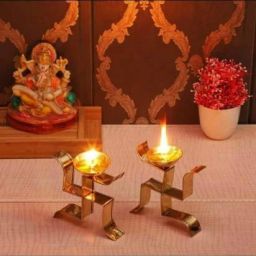Brass Swastik Shape Diya Usefull For Daily Pooja Needs Set of 2 Brass (Pack of 2) Table Diya (Height: 4 inch) Brass (Pack of 2) Table Diya-image-76