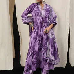 Anouk Printed Panelled V-Neck Thread Work Pure Cotton A-Line Kurta With Trousers & Dupatta-54