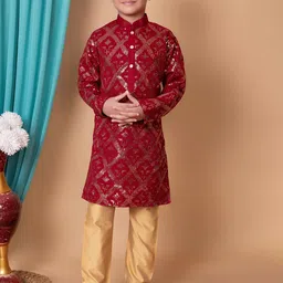 NFC CREATION Boys Ethnic Motifs Embroidered Regular Sequinned Dupion Silk Kurta with Pyjamas image 1