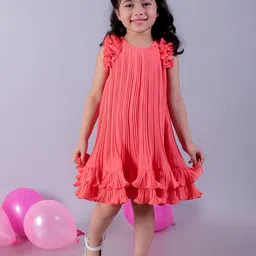 LIL DRAMA Girls Floral Solid Flutter Sleeves Flared Knee Length A-Line Dress-7