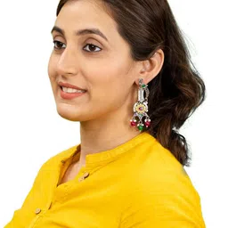 Shining Jewel - By Shivansh Silver-Plated Stones Studded & Beaded Bird Drop Earrings-10