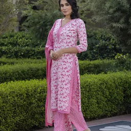 KALINI Women Floral Printed Regular Pure Cotton Kurta with Trousers & With Dupatta-15