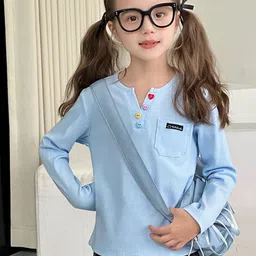 LULU & SKY Girls Striped Henley Neck Extended Sleeves Indigo Pockets T-shirt-picture-38