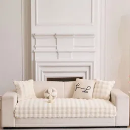 HomeCloud Cream-Coloured Checked Other 1 Piece Sofa Cover-16