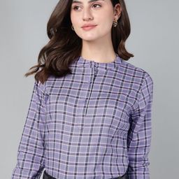Hancock Women Checked Mandarin Collar Cotton Top-picture-35