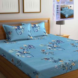 FABINALIV Blue & Green Floral 300 TC King Bedsheet with 2 Pillow Covers-image-72
