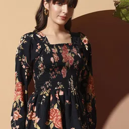 ZWERLON Women Floral Printed Bishop Sleeves Smocked Top-picture-0