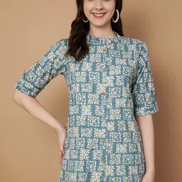 KALINI Floral Print Mandarin Collar Cotton Top-image-12