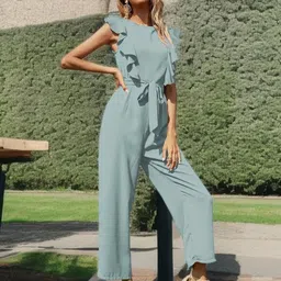 The Roadster Lifestyle Co. Women Ruffle Detail Cropped Wide Leg Jumpsuit With Belt-17