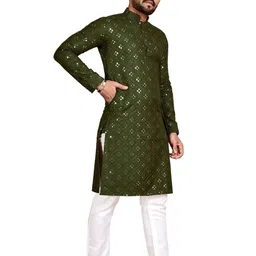 Men Embroidered, Embellished Straight Kurta (Green)-image-78