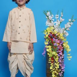 Little Bansi Boys Floral Printed  Thread Work Pure Silk Straight Kurta With Dhoti Pants-31