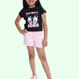 KiddoPanti Girls Boba Printed Round Neck Pure Cotton T-Shirt & Shorts-image-51