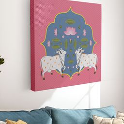Myntra Elegant Homes Pink & Blue Pichwai Cow Canvas Wall Art-picture-30