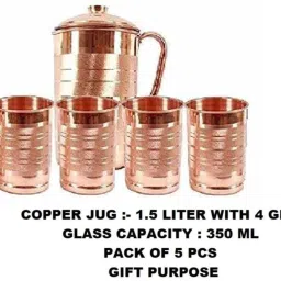 Copper 1 Jug with 4 Glass Joint Free Leak Proof 1500 ml Copper Water Jug Jug Glass Set-image-17