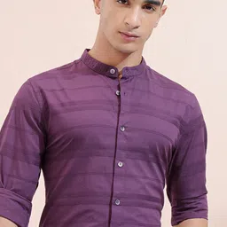 HIGHLANDER Men Band Collar Horizontal Striped Cotton Casual Shirt-image-31