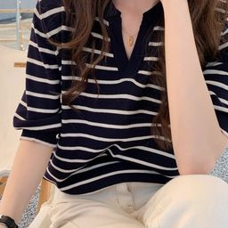 HERE&NOW Striped Mandarin Collar Three-Quarter Sleeves Top-picture-29