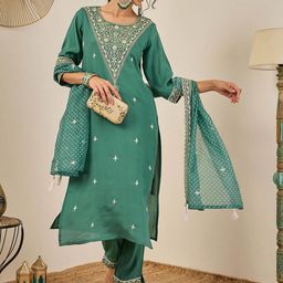 VredeVogel Floral Embroidered Round Neck Thread Work Kurta With Trousers & Dupatta-picture-1